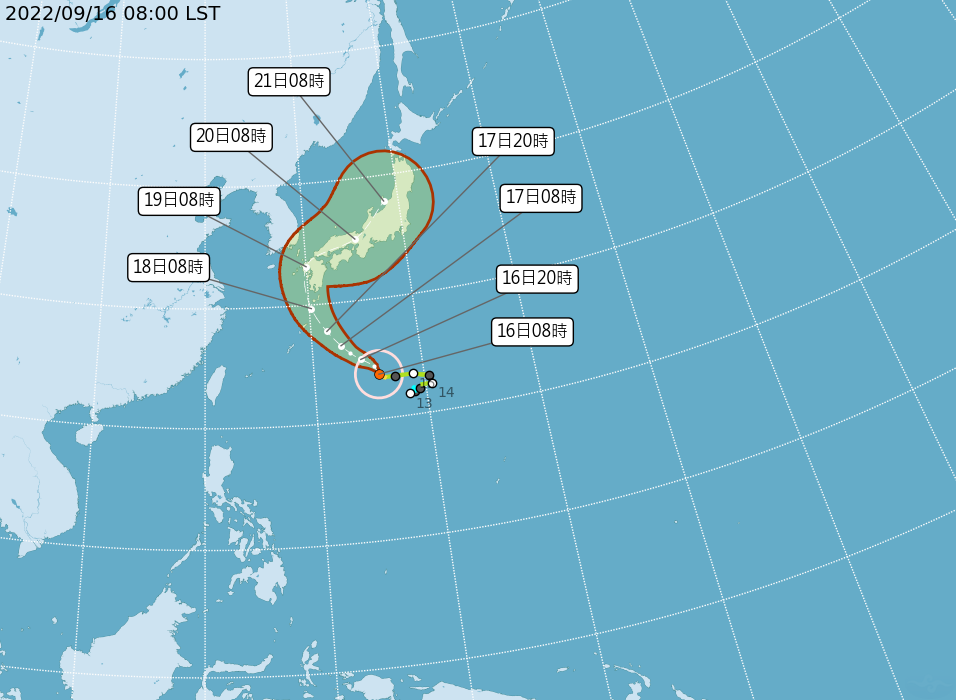 中央氣象局公布,中颱「南瑪都」路徑潛勢預報。(中央氣象局提供)