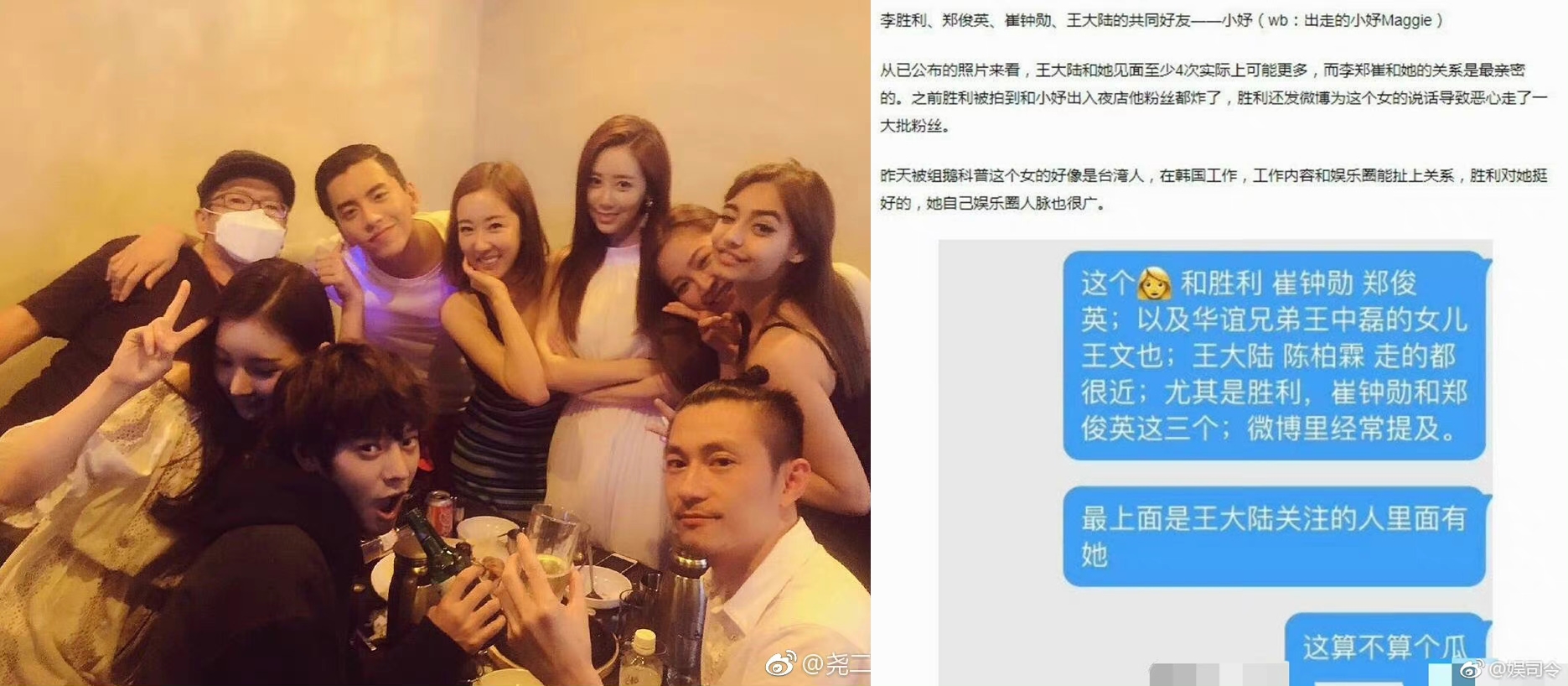 蔡卓宜的粉絲找出王大陸與李勝利、鄭俊英等人共同女性朋友的合照，質疑王大陸私生活紊亂。（微博圖片）