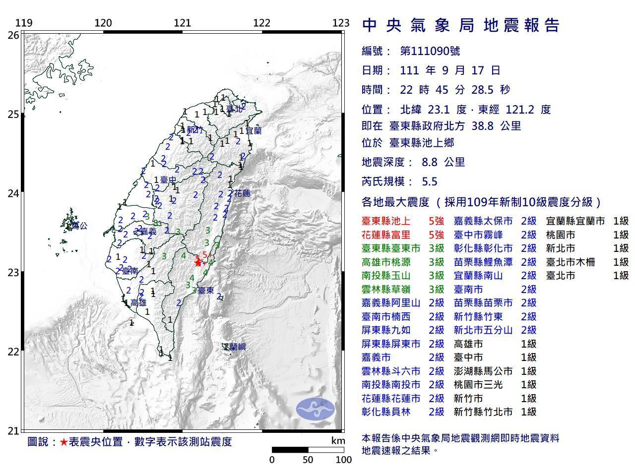 晚間22點45分又再度發生芮氏規模5.5地震，地震深度僅8.8公里，震央同樣位於台東縣。（翻攝自中央氣象局）