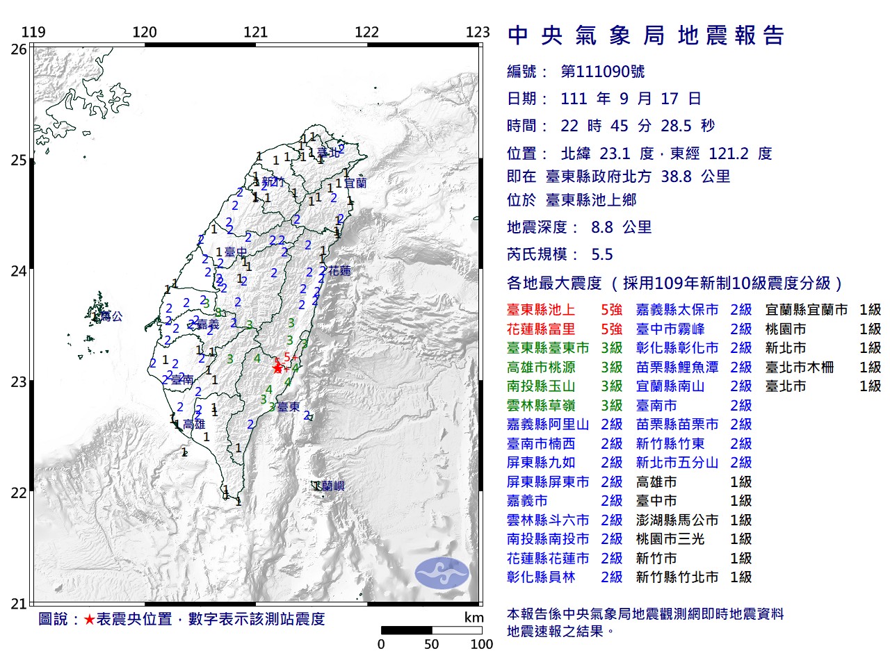 晚間22點45分又再度發生芮氏規模5.5地震，地震深度僅8.8公里，震央同樣位於台東縣。（翻攝自中央氣象局）