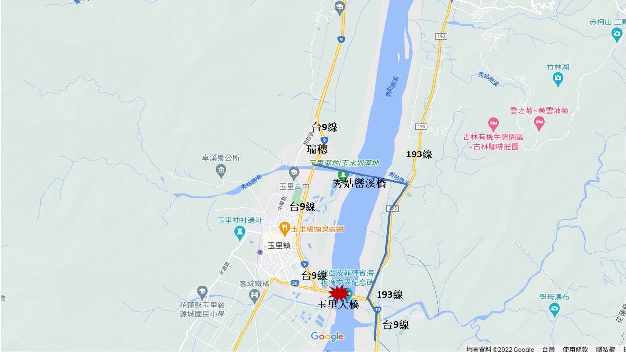玉里大橋受地震影響無法通行,公路總局四工處公佈替代路線,請用路人注意。(公路總局提供)