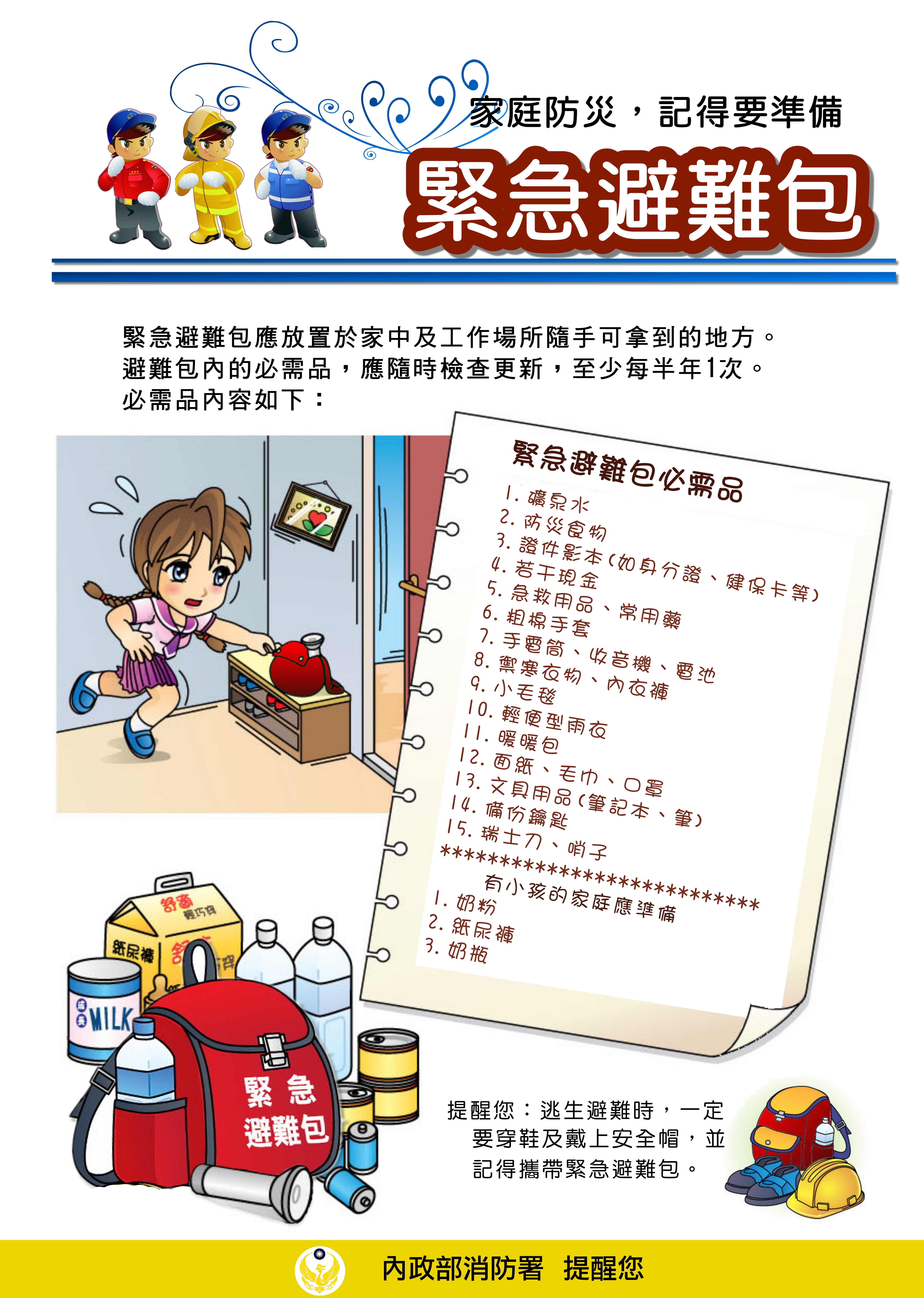 地震頻傳，緊急避難準備好以備不時之需。。（內政部消防署提供）