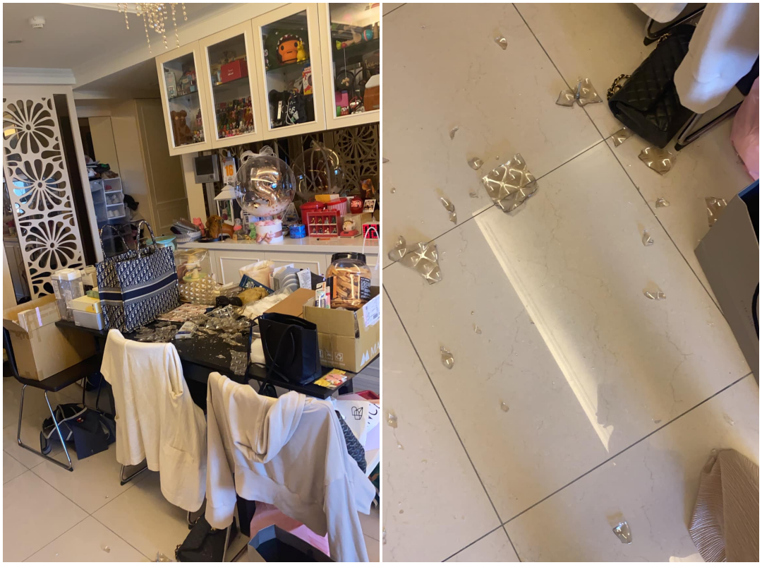 強震把依依與納豆家中的吊燈震碎。(翻攝自依依臉書)