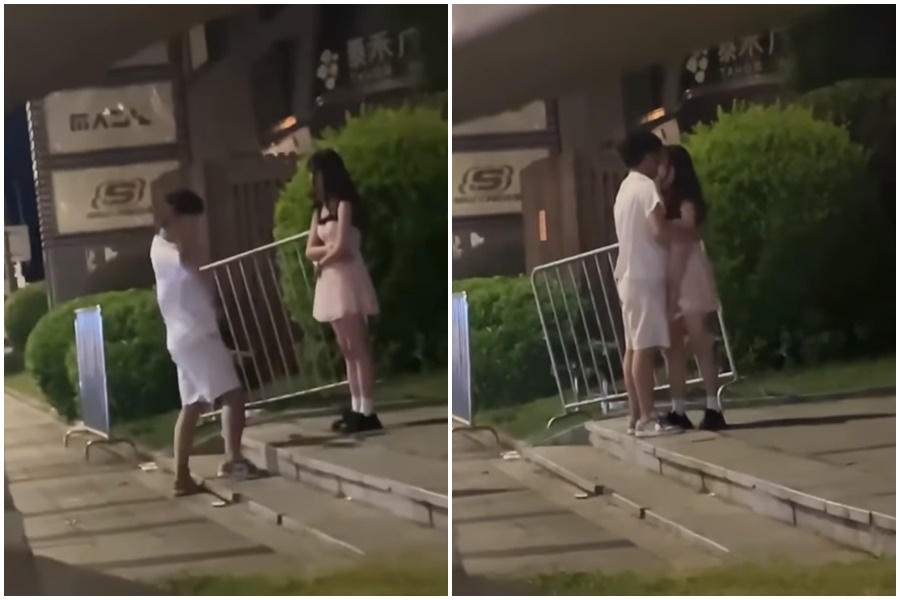 小情侶在路邊爭吵，男方使用「終極苦肉計」，女方竟就這樣消氣，讓網友直呼「遇見這款快逃」。（翻攝自爆廢公社公開版）