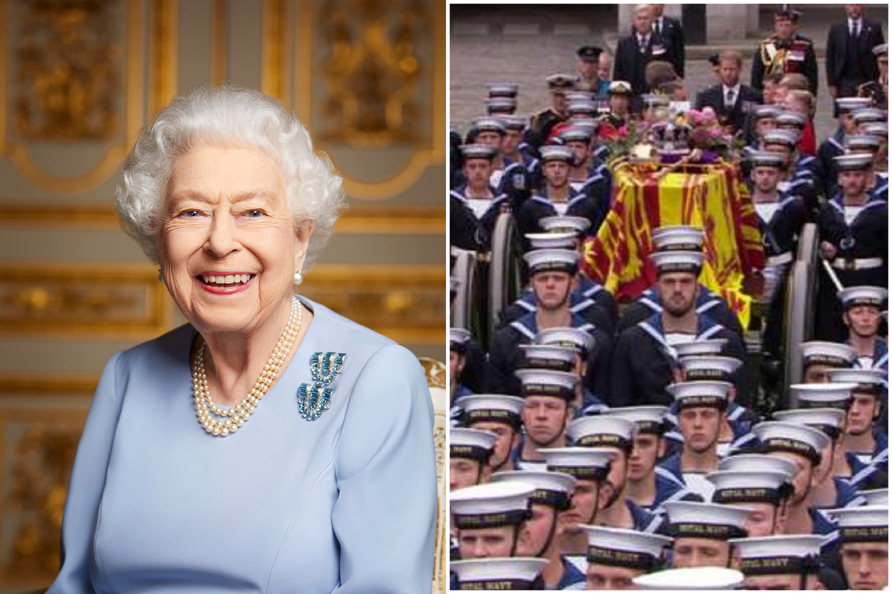 英女王國葬正式開始，傳統「炮架車」移靈。（翻自BBC畫面）