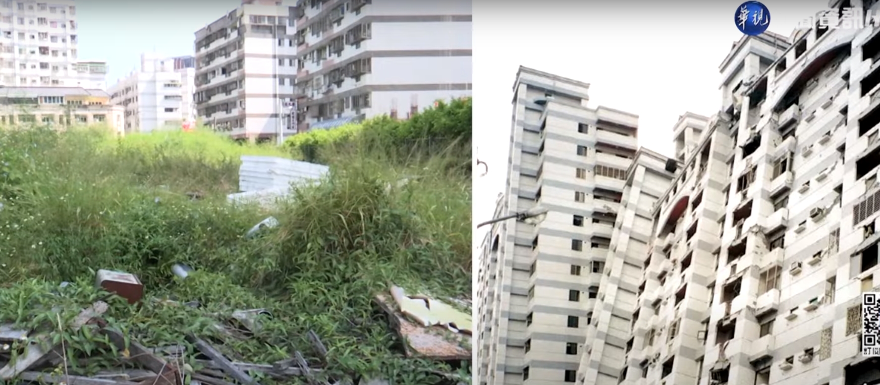 921地震台中太平「新坪生活公園社區」當年被判全倒，23年來住戶卻要忍受重建無期、房貸繼續繳的狀況。（翻攝華視新聞YouTube）