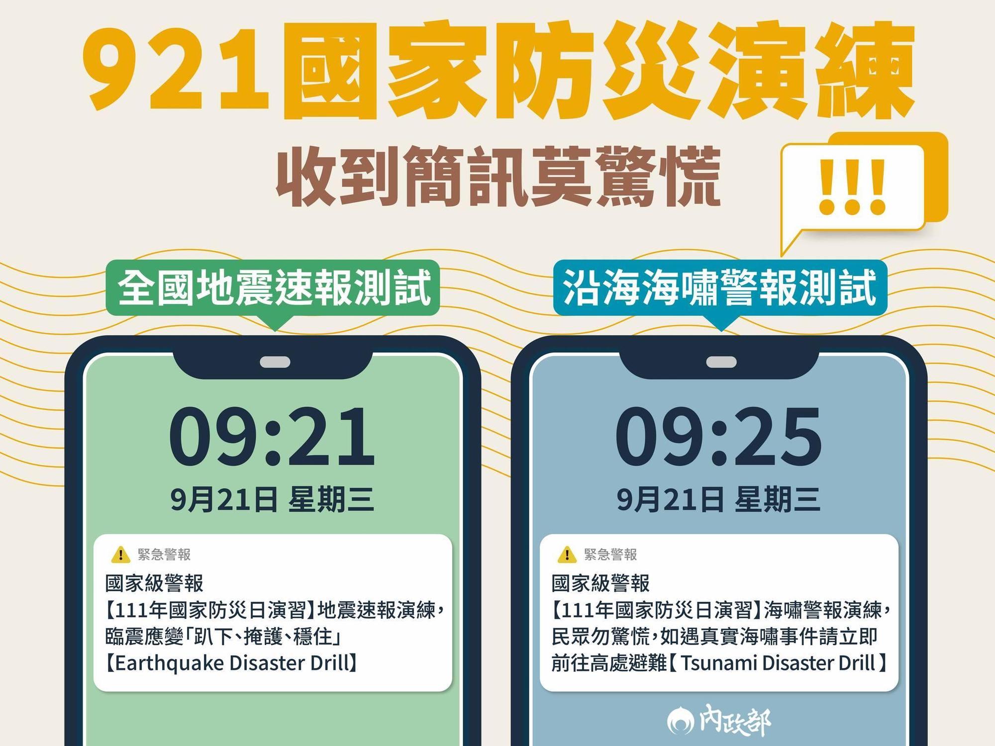 明天「921國家防災演練」,上午9點21分將進行全國地震速報測試,9點25分則是發布沿海海嘯警報測試。(翻攝自內政部臉書)