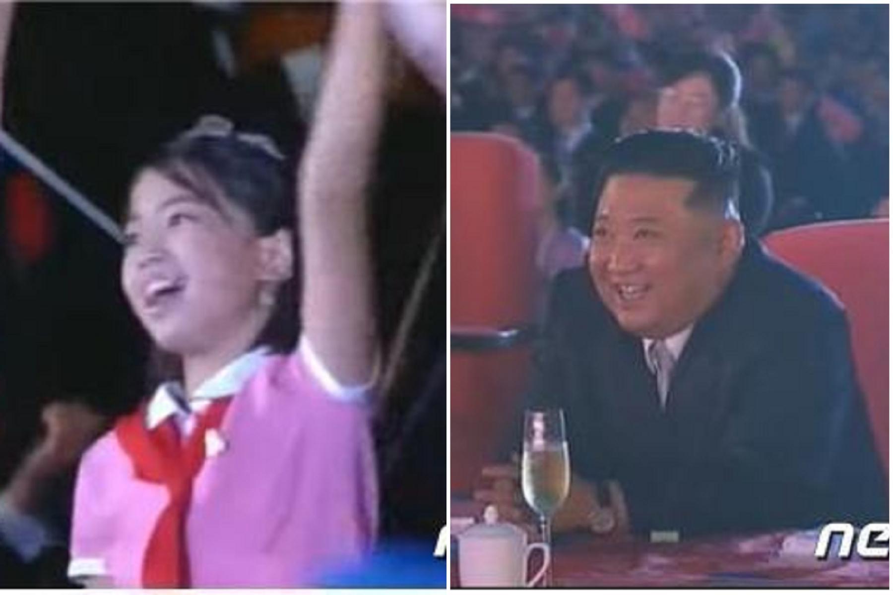 金正恩女兒首度曝光？鏡頭不斷特寫「神祕蘿莉」，頻頻對她癡笑。（翻自《NEWS 1》）