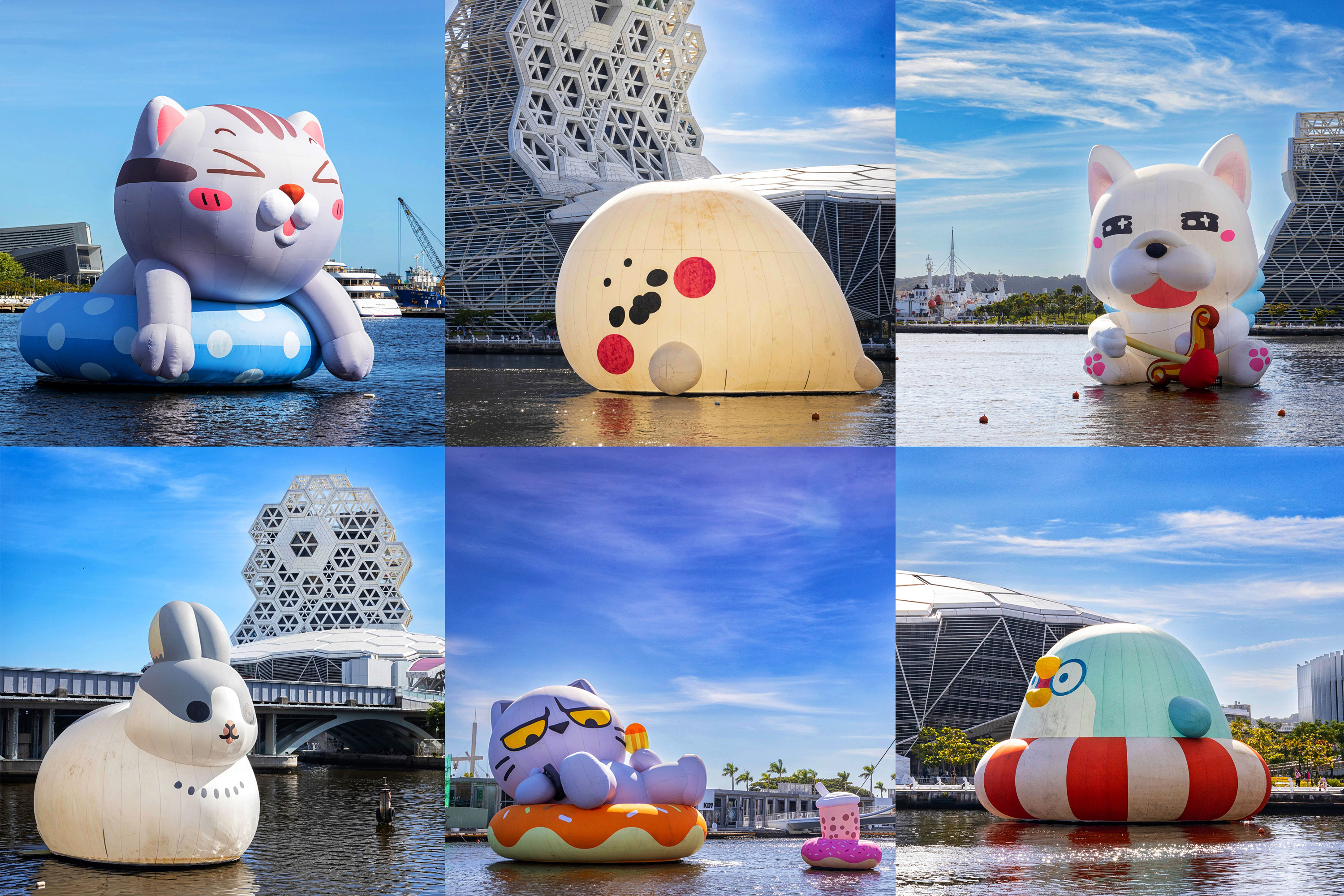 六大貼圖角色散布在高雄愛河與高雄港的「聊療漂漂河」，是南台灣近期最熱門的景點。