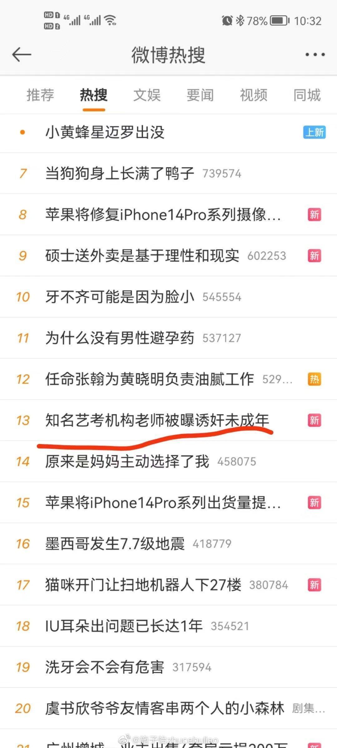 目前微博熱搜榜就包含「知名藝考機構老師被曝誘姦未成年」，一度在排行前十之內。（翻攝自施子怡微博）