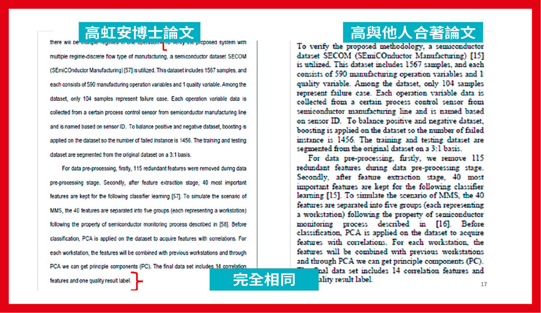 本刊報導高虹安博士論文涉抄襲,高指媒體不該僅以4頁截圖就指控她涉抄襲及剽竊。事實上,本刊比對,高虹安的博士論文與2份資策會論文期刊有4161字相同,占了其論文的25%。
