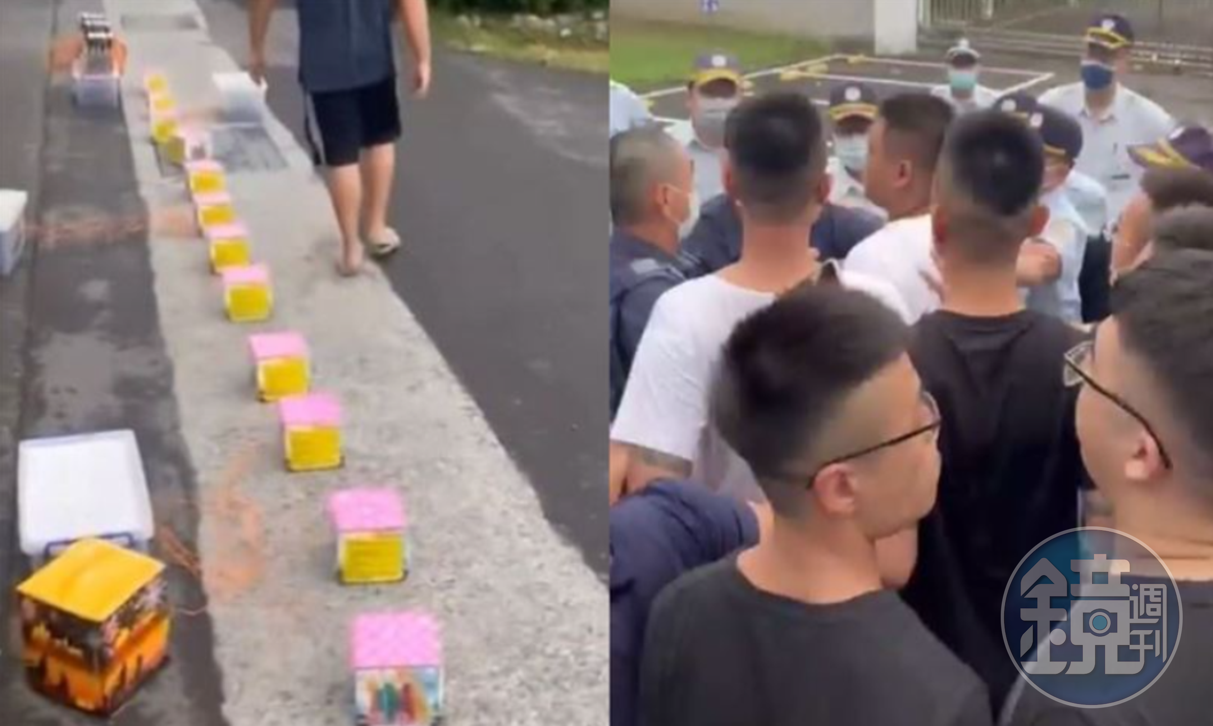 約20名男子準備鞭炮在監獄外迎接剛出獄的大哥，被阻止後和警方、監所人員爆發衝突。（截自爆料公社影片）