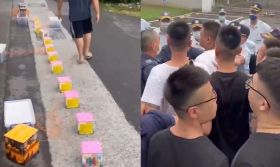 約20名男子準備鞭炮在監獄外迎接剛出獄的大哥，被阻止後和警方、監所人員爆發衝突。（截自爆料公社影片）