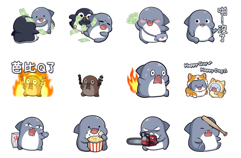 不少貼圖創作者會在貼圖帶入流行語，吸引用戶目光。（翻攝自LINE貼圖「胖鯊魚鯊西米」)