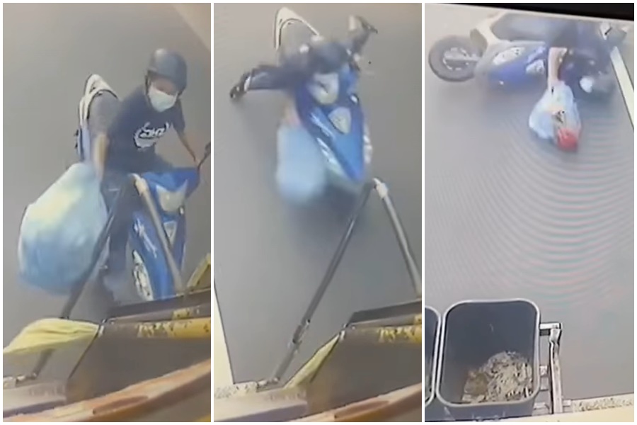 一名騎士在追趕垃圾車的過程中，不慎失去重心慘摔在馬路上。（翻攝自臉書「爆廢公社公開版」）