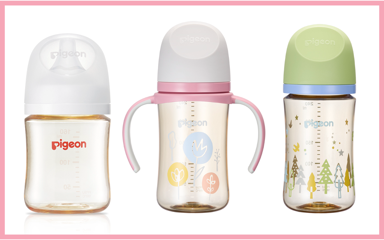 由左至右:第三代母乳實感PPSU奶160ml(NT$630)、第三代PPSU浪漫花園握把奶瓶240ml(NT$860)、第三代母乳實感彩繪款森林星空PPSU奶瓶240ml(NT$760)。(貝親提供)