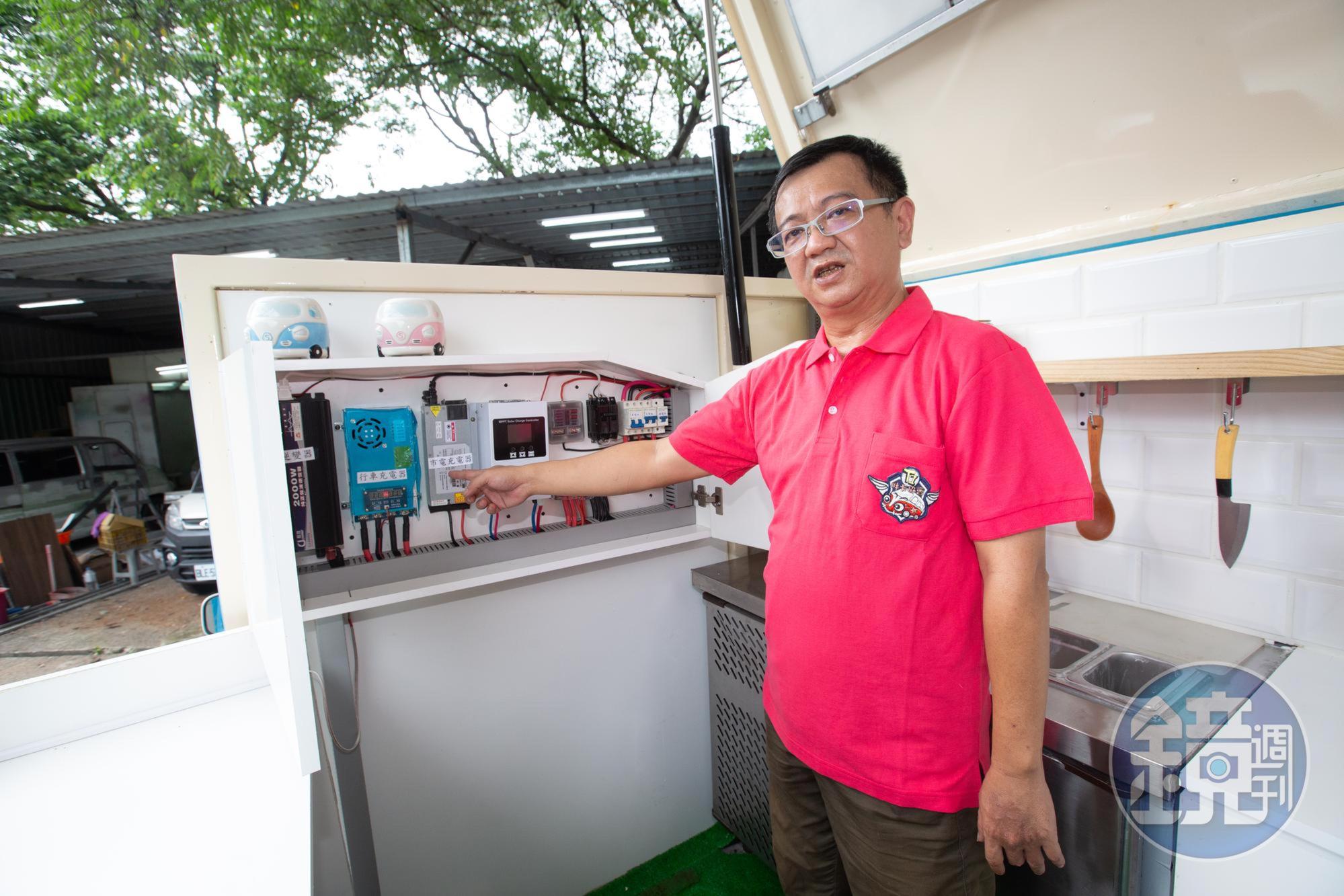 胖卡餐車可依客人需求，配置車充、市電與太陽能充電器，搭配自備水箱，即使開到荒郊野嶺也能自給無虞。