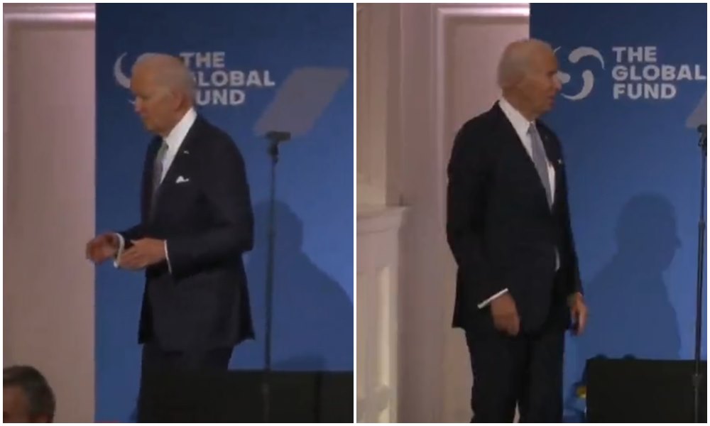 拜登21日演講後忽然做出詭異行徑，在網上引發熱議。（翻攝@ClayTravis推特）