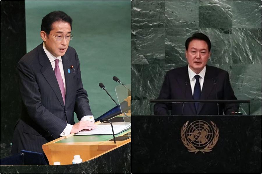 日本首相岸田文雄與南韓總統尹錫悅於聯合國大會外會面,也是時隔2年9個月日韓領袖首度單獨會面。(翻攝岸田文雄推特、尹錫悅IG)