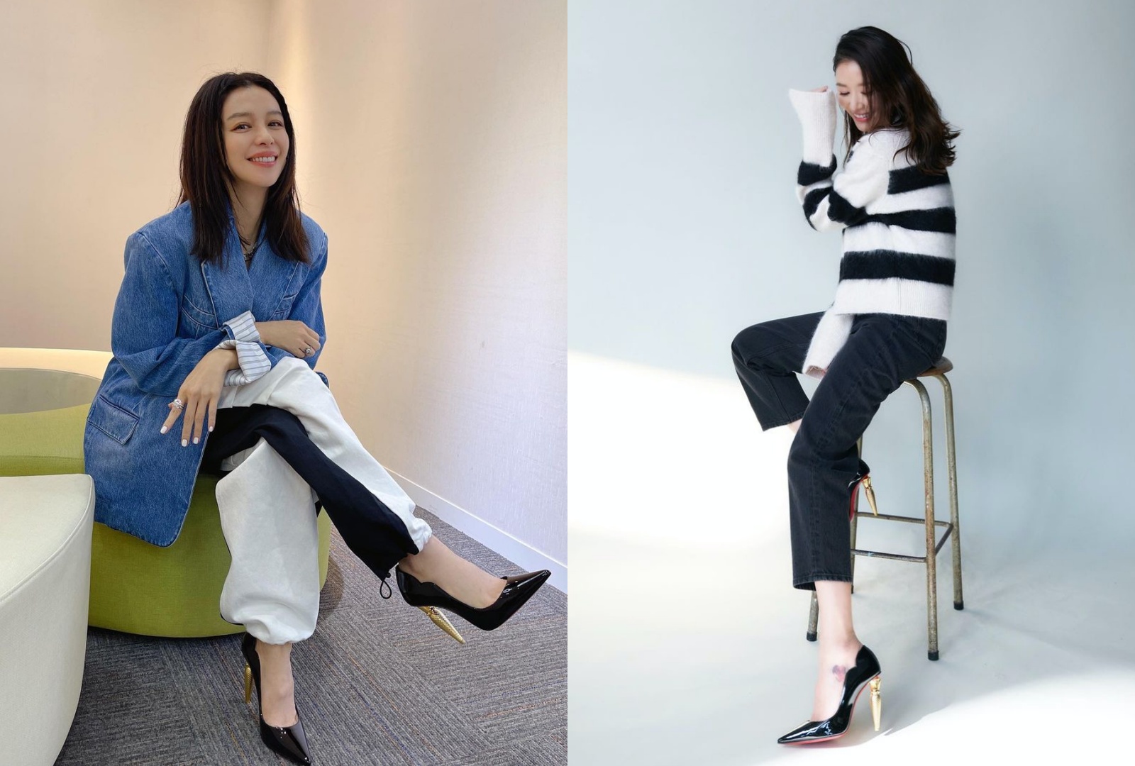 徐若瑄（左）、林心如（右）選穿同款的Lipchick Pump黑色漆皮高跟鞋。（Christian Louboutin提供）