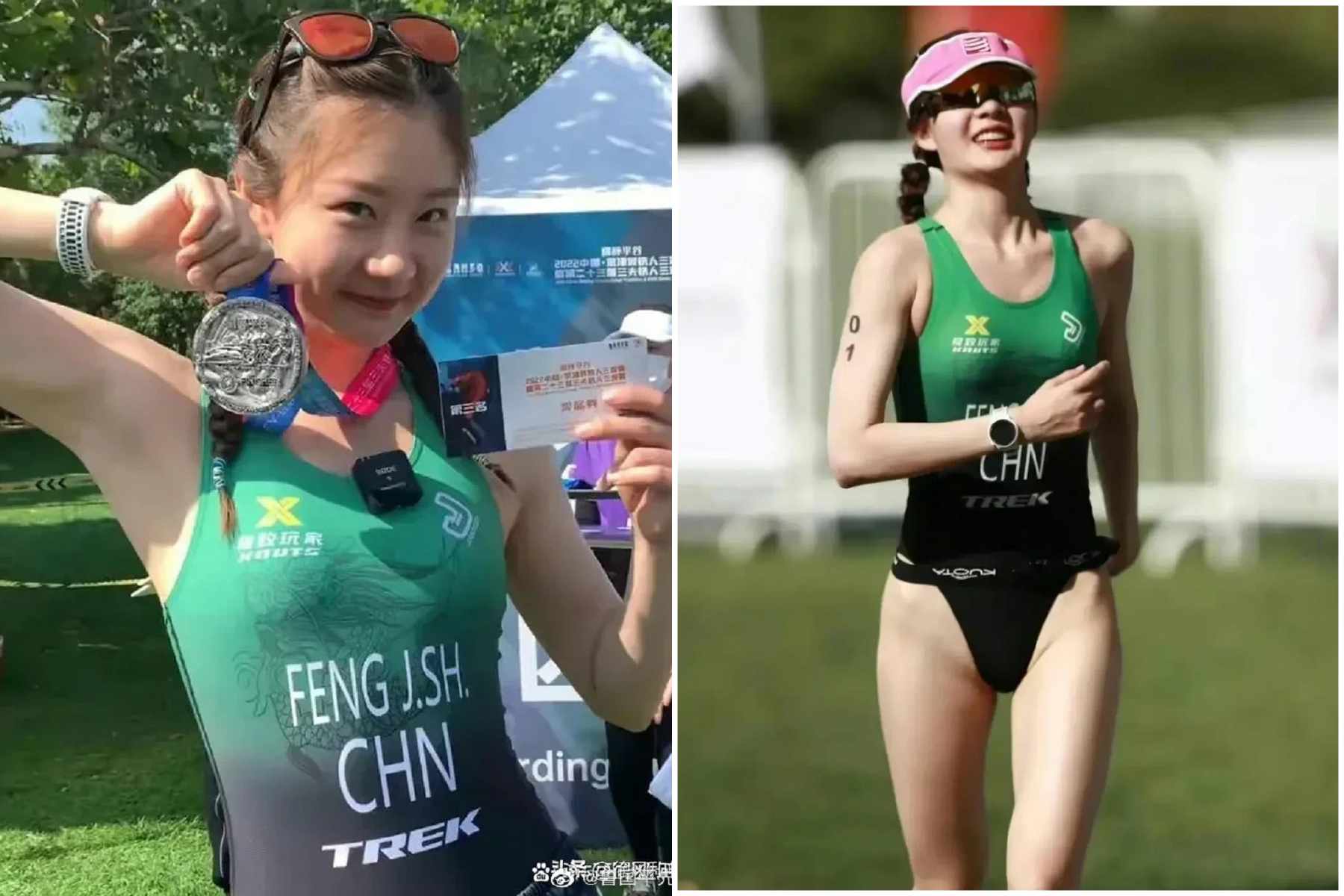 正妹比賽鐵人三項，竟讓中國網友意淫！下體穿「細V褲」惹議。（翻自微博）