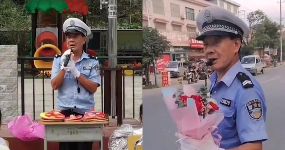 湯其雪因曾目睹學生死亡車禍,16年來都在事故路口站崗護送學生上下學。(翻攝自微博)