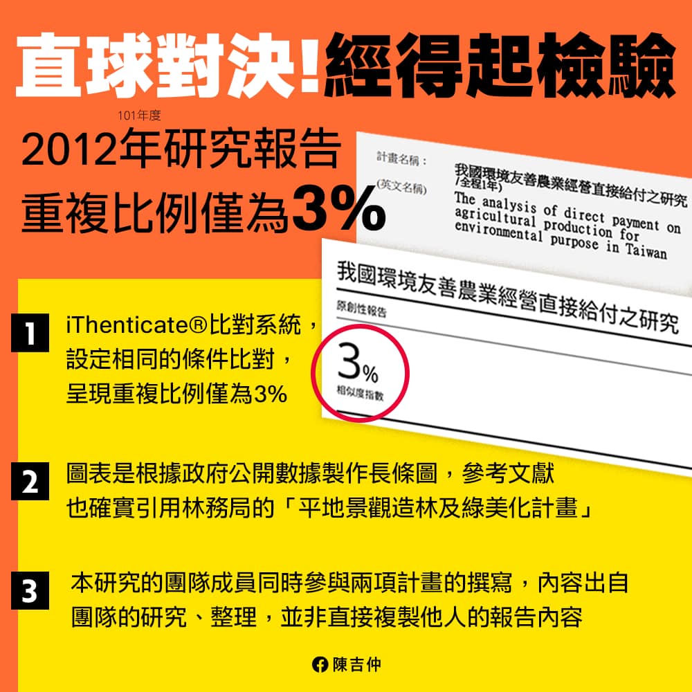 陳吉仲10年前研究報告遭指控涉嫌抄襲,他強調經比對重複比例僅3%。(翻攝自陳吉仲臉書)