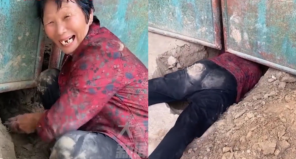 中國河南省68歲奶奶出門忘記帶鑰匙，袖子一捲直接在門下挖地道鑽進去，順利返家。（翻攝微博）