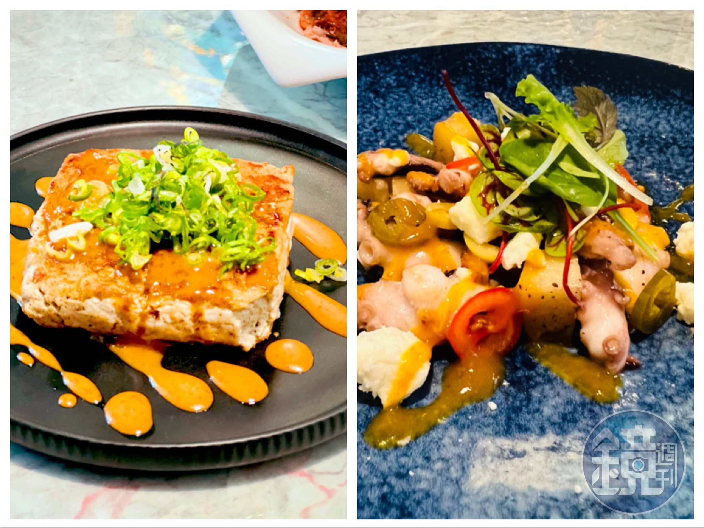 在「B.D Teppanyaki」吃得到用鐵板料理的臭豆腐（左）和煙燻章魚（右）。（皆1,760元2人套餐菜色）