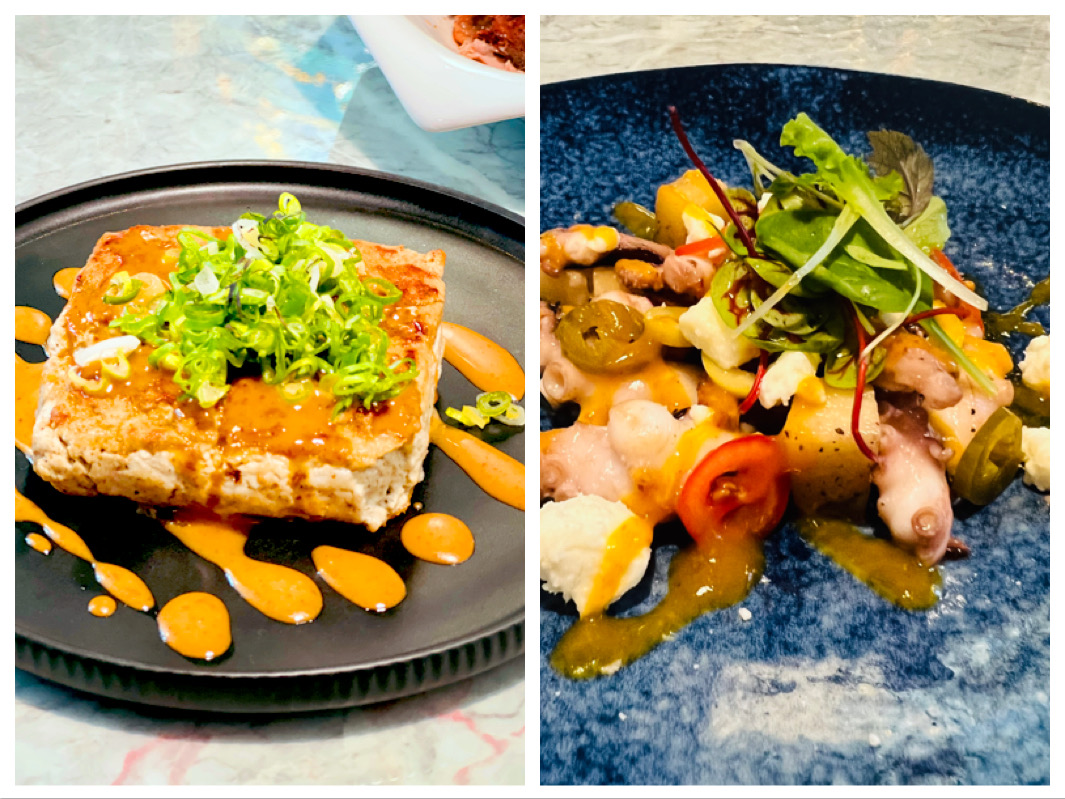 在「B.D Teppanyaki」吃得到用鐵板料理的臭豆腐（左）和煙燻章魚（右）。（皆1,760元2人套餐菜色）