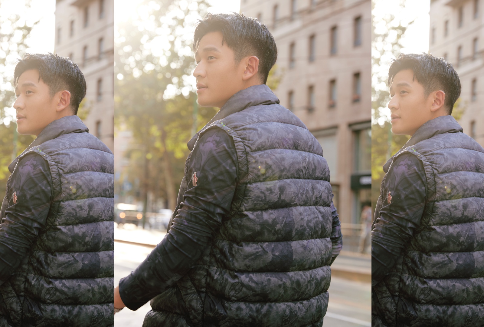 周興哲趕在Moncler大秀開場前，在米蘭街頭示範最新Moncler Grenoble單品。（盟可睞提供）