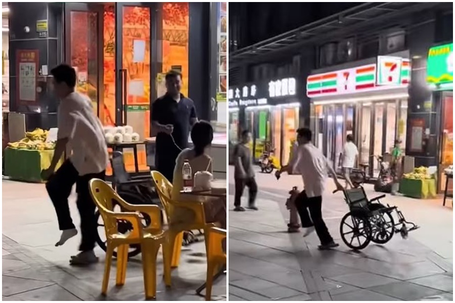 腳受傷男子尷尬的單腳跳狼狽逃離。(翻攝自臉書爆廢公社公開版)