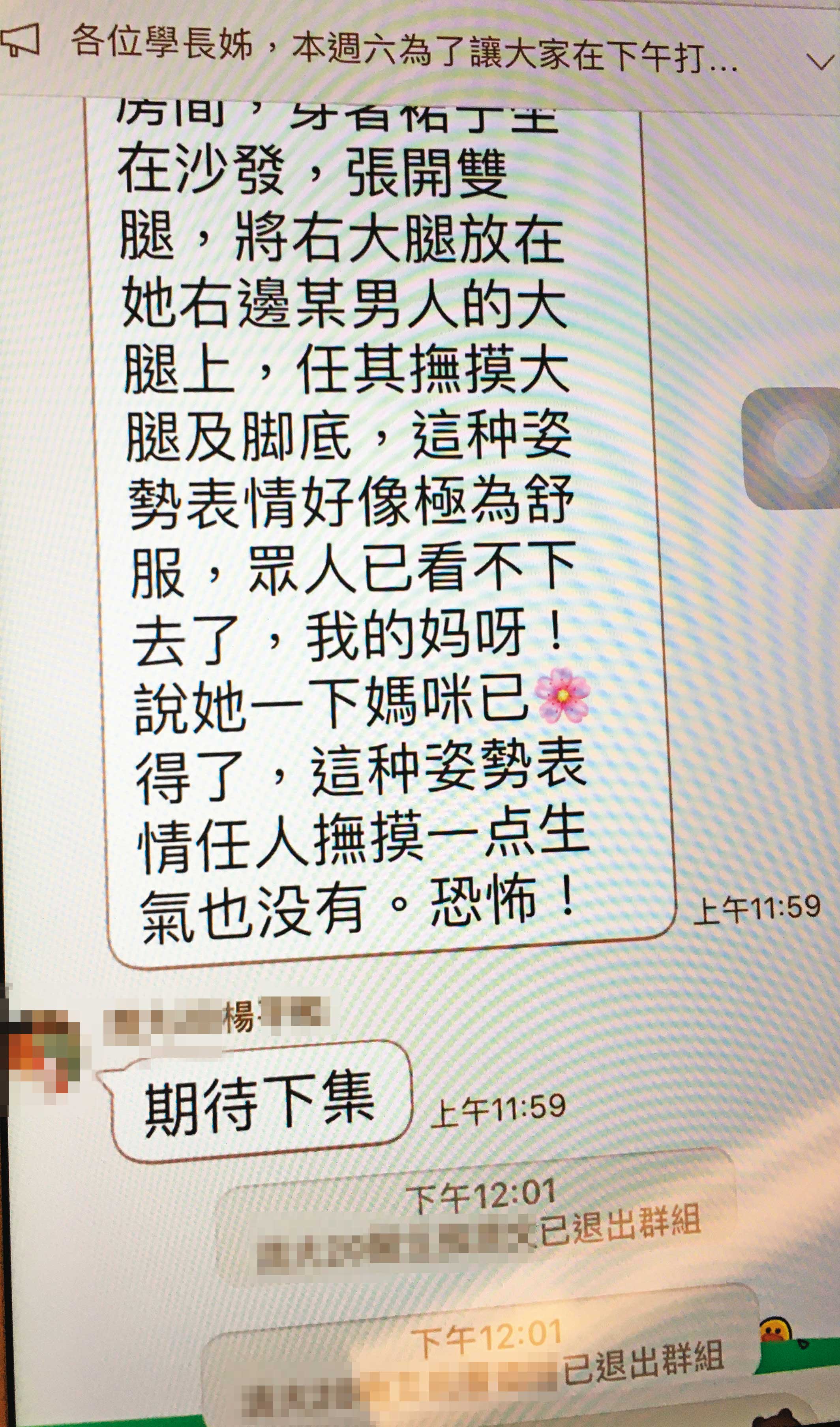 楊男在同學群組傳不雅文字,李女不滿,憤而提告。(讀者提供)