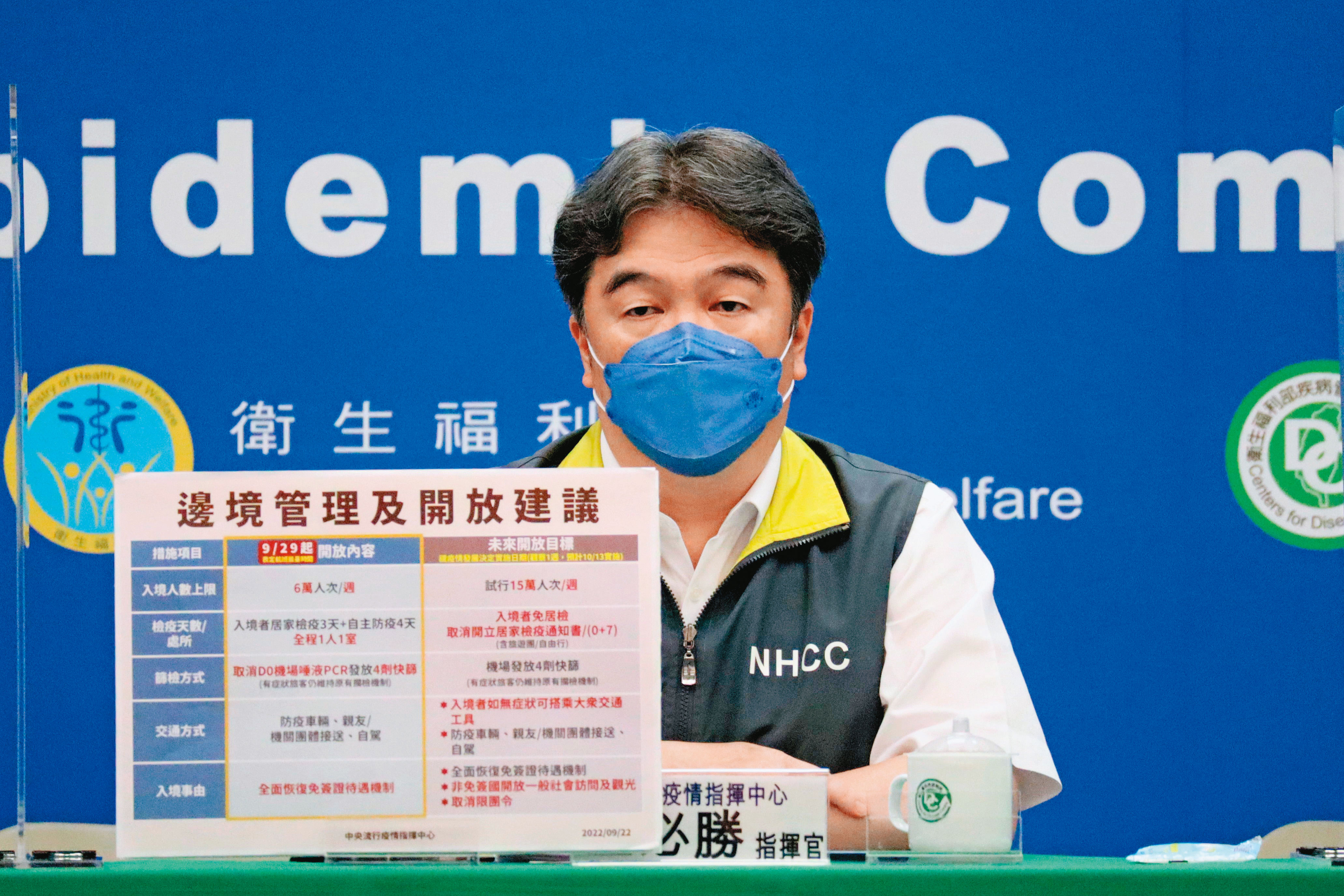 疫情指揮中心22日宣布邊境解封措施。（衛福部提供）