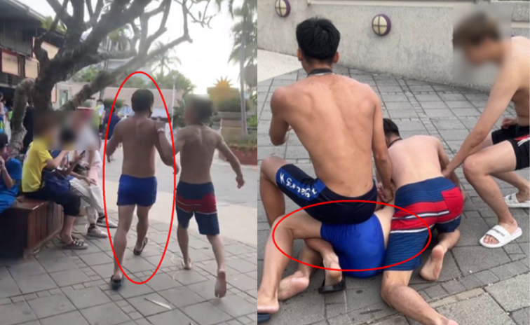 中年大叔在水上樂園偷拍穿泳裝女生，遭女方男友上前追問，並與友人將他壓制在地報警處理。（翻攝IG@shaoyun0701）