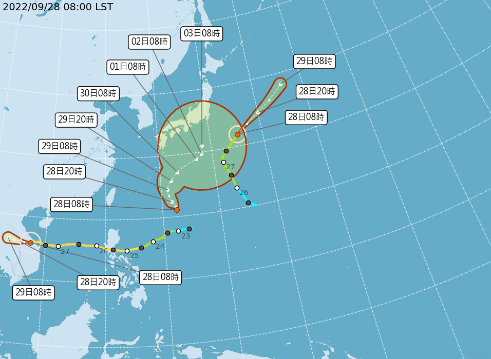 熱帶性低氣壓TD21在24小時內恐生成，將成為今年第18號颱風「洛克」。（氣象局提供）