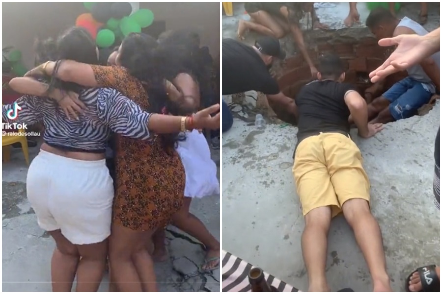 巴西7女跳太嗨，竟在地面跳出一個大洞。（左圖翻攝自推特@esquizopoc，右圖翻攝自Tiktok @raiodesollau）