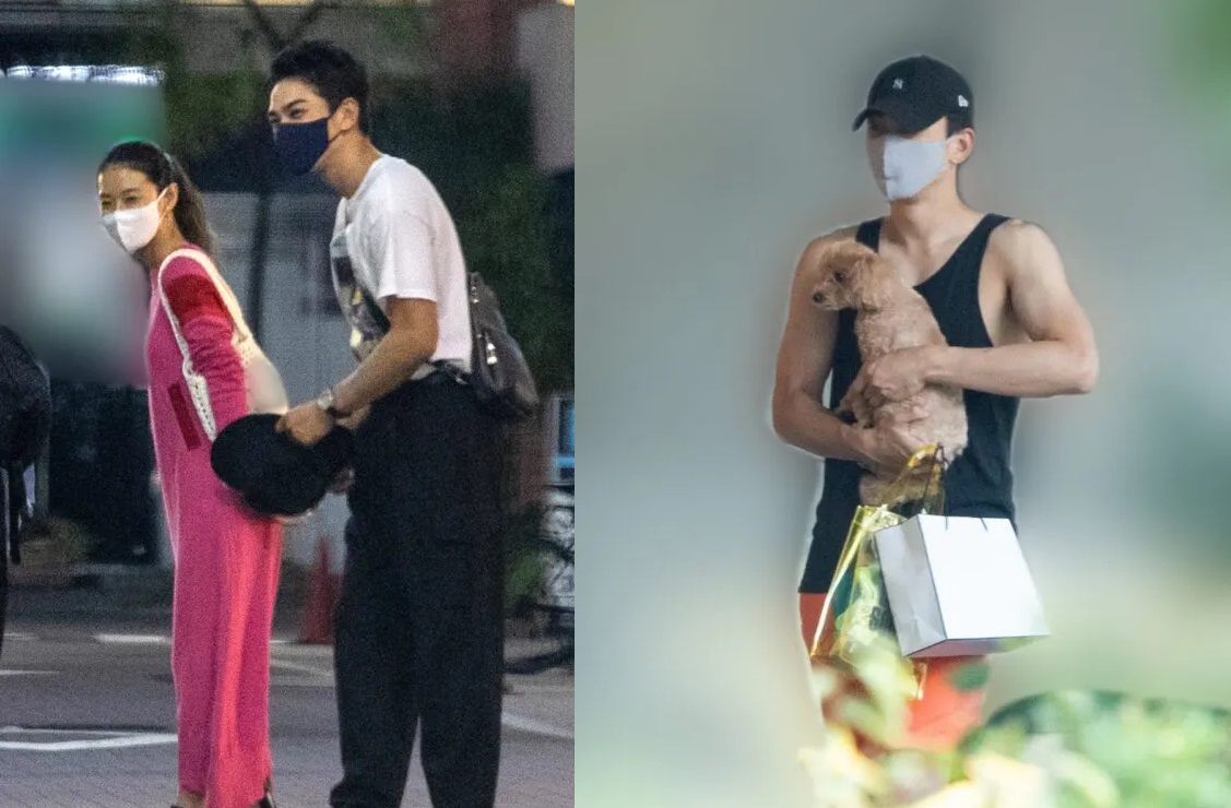 町田啓太（左圖右）與女星玄理（左圖左）交往近4年首度被拍到同框照，町田更被拍到抱著兩人愛犬（右圖）步出同居公寓。（翻攝自《女性SEVEN》）