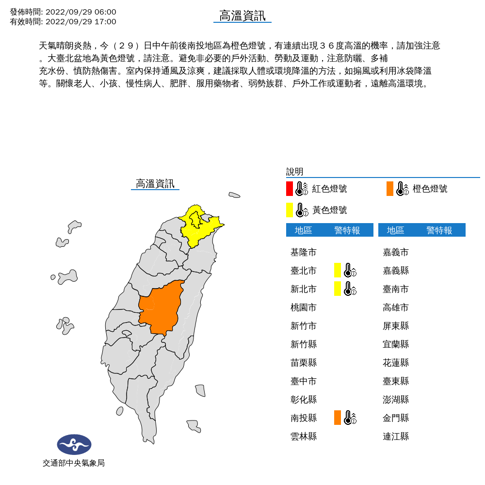 氣象局針對台北市、新北市及南投縣發布高溫警示。（中央氣象局提供）