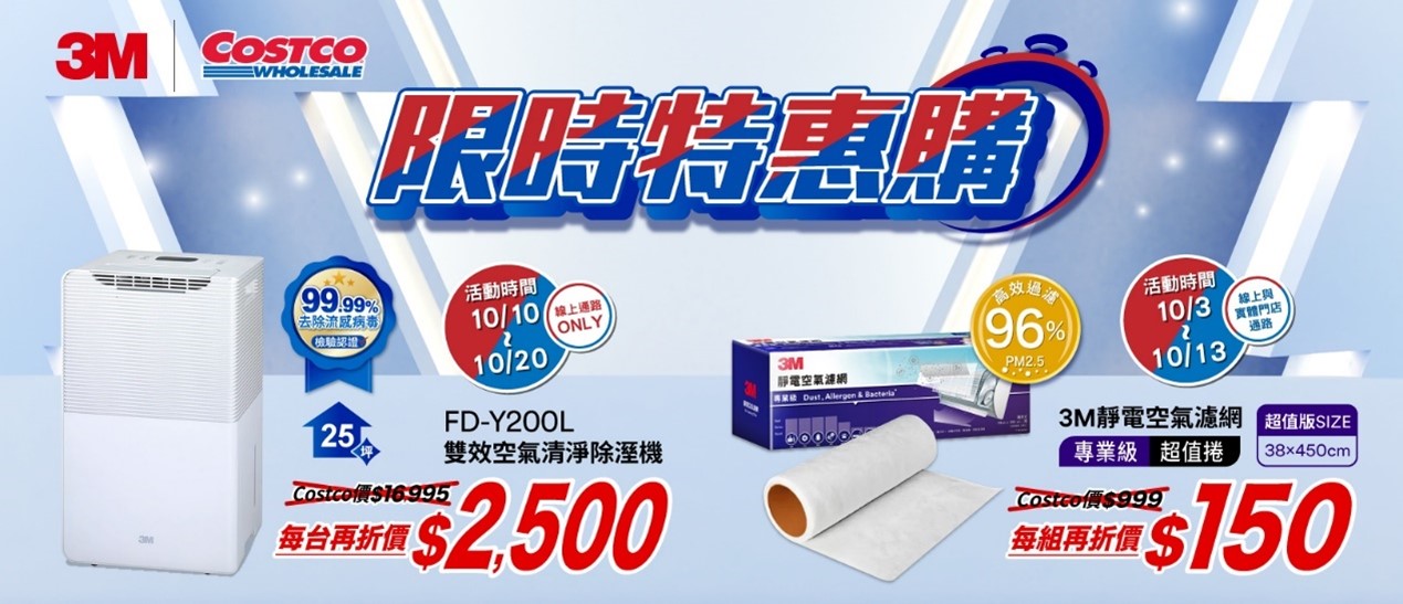 全方位空氣濾淨專家3M攜手Costco好市多推出獨家雙搶爆品年度折價優惠，3M專業級靜電空氣濾網超值版10/3-10/13護照折價$150；3M雙效空氣清淨除濕機FD-Y200L 10/10-10/20護照折價$2,500！