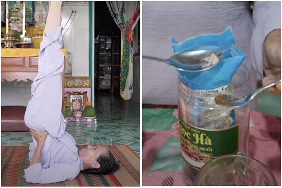 越南一名60多歲奇異人士阮氏濃（Nguyễn Thị Ngôn），聲稱自己罹患嚴重疾病後，從22歲開始就從未吃過固態食物。（翻攝自YouTube）