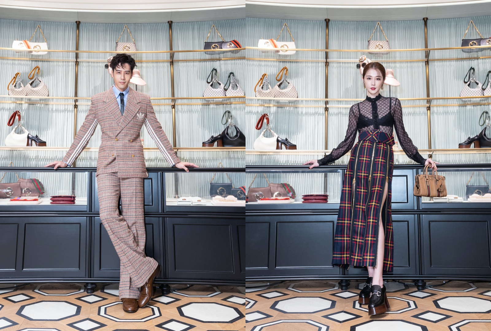 （左起）胡宇威與邵雨薇不約而同在GUCCI高雄漢神巨蛋專門店開幕活動上秀出戀情的甜蜜片段。（古馳提供）