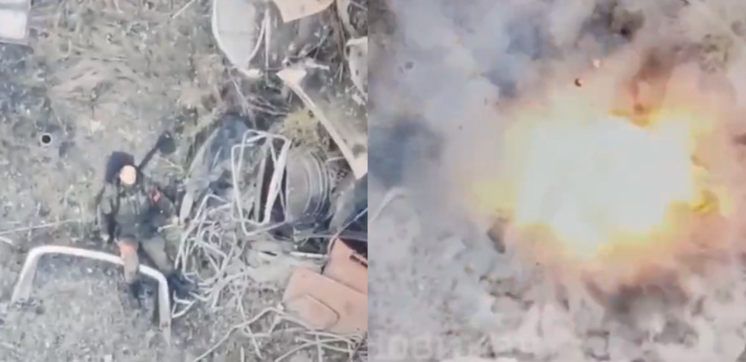 烏克蘭無人機對地面動彈不得的俄國傷兵投擲炸彈，遭批違反人道。（翻攝推特@monitor_ukraine）