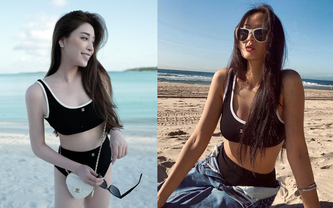 歐陽妮妮（左圖）的泳裝與孫芸芸（右圖）撞衫。（翻攝自歐陽妮妮、孫芸芸IG）