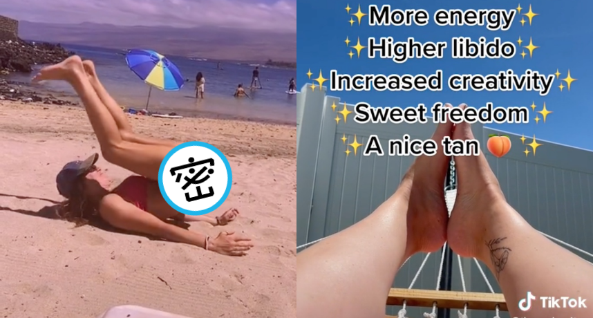 TikTok瘋傳「陰部日光浴」，稱能獲得正能量。（組圖：取自TikTok）