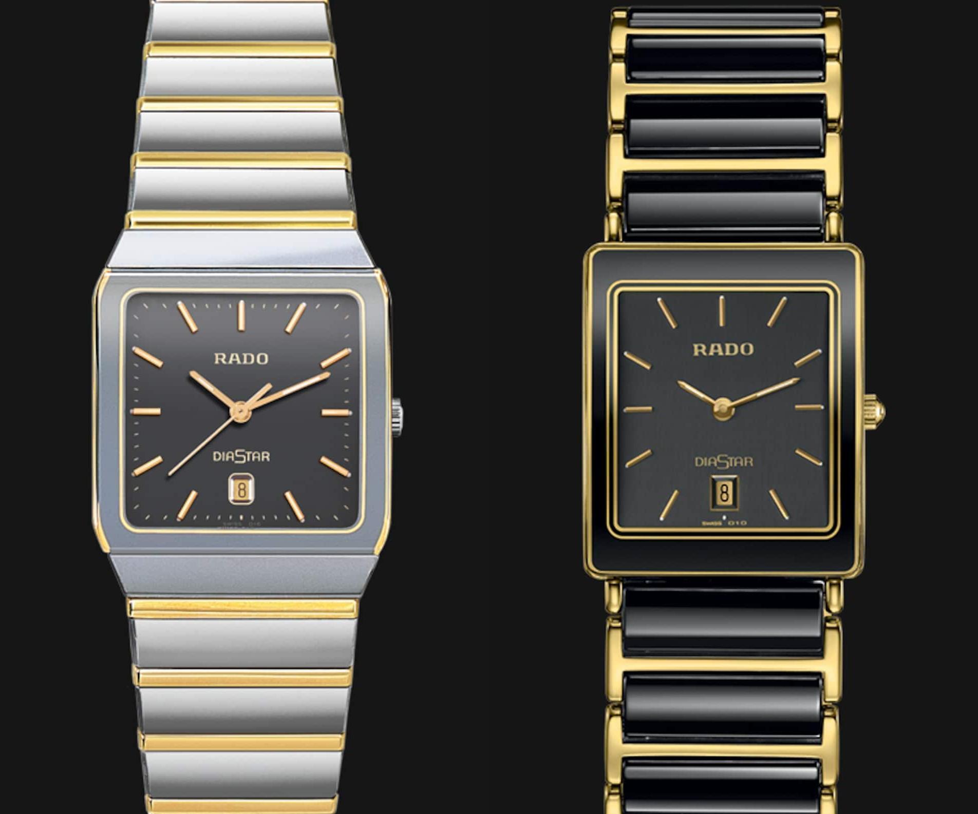 RADO 因為DiaStar而確立了在製錶材料領域的創新地位，錶款設計也愈來愈極簡前衛。左為1984年發表的Anatom拱形系列腕錶；右為1986年發表的RADO Integral，是史上第一款使用高科技陶瓷材質的手錶。