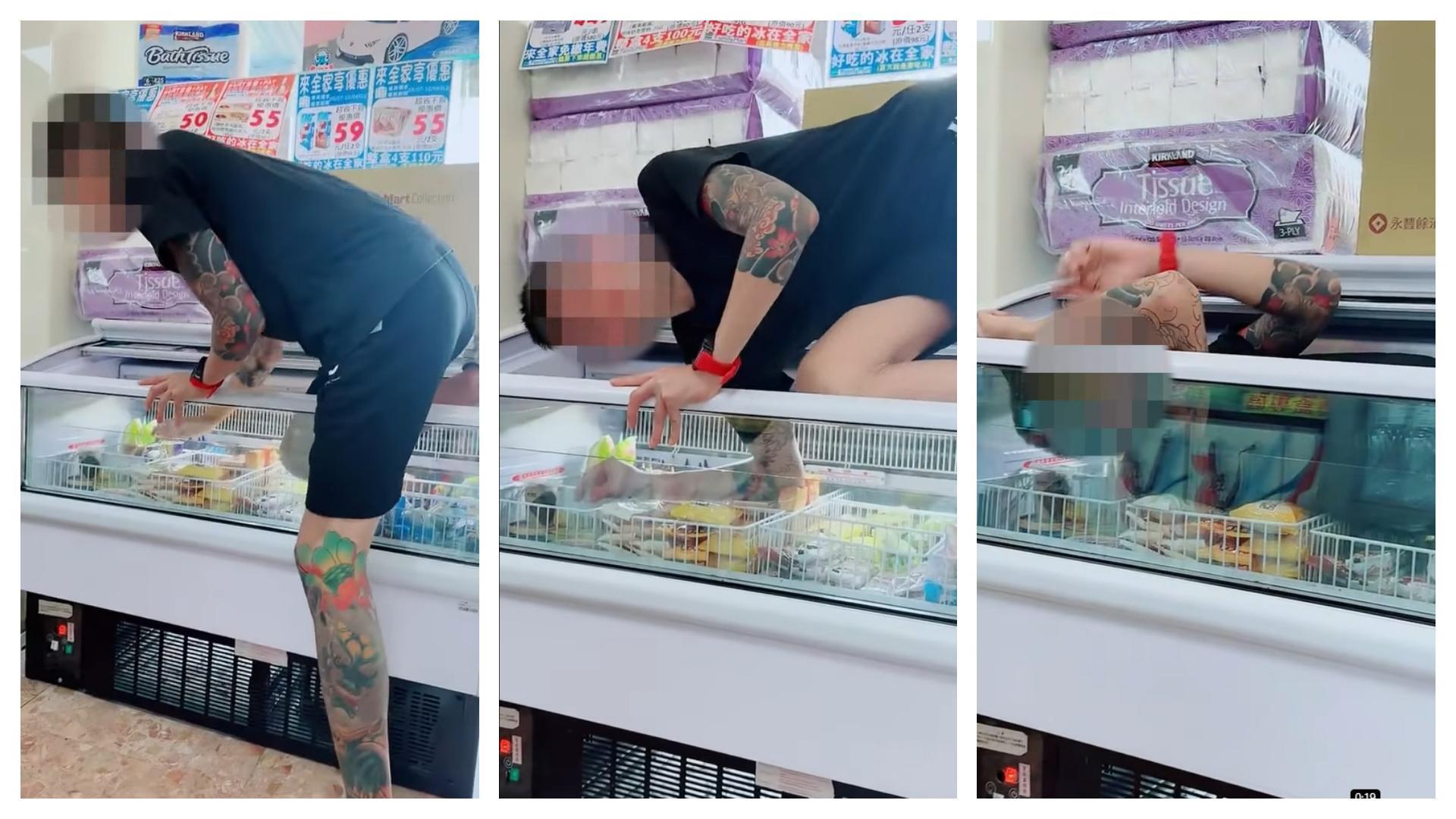 一名男子疑為了拍片上熱搜,竟脫序爬進超商冰品櫃裡。(翻攝自記者爆料網 2.0 YouTube)