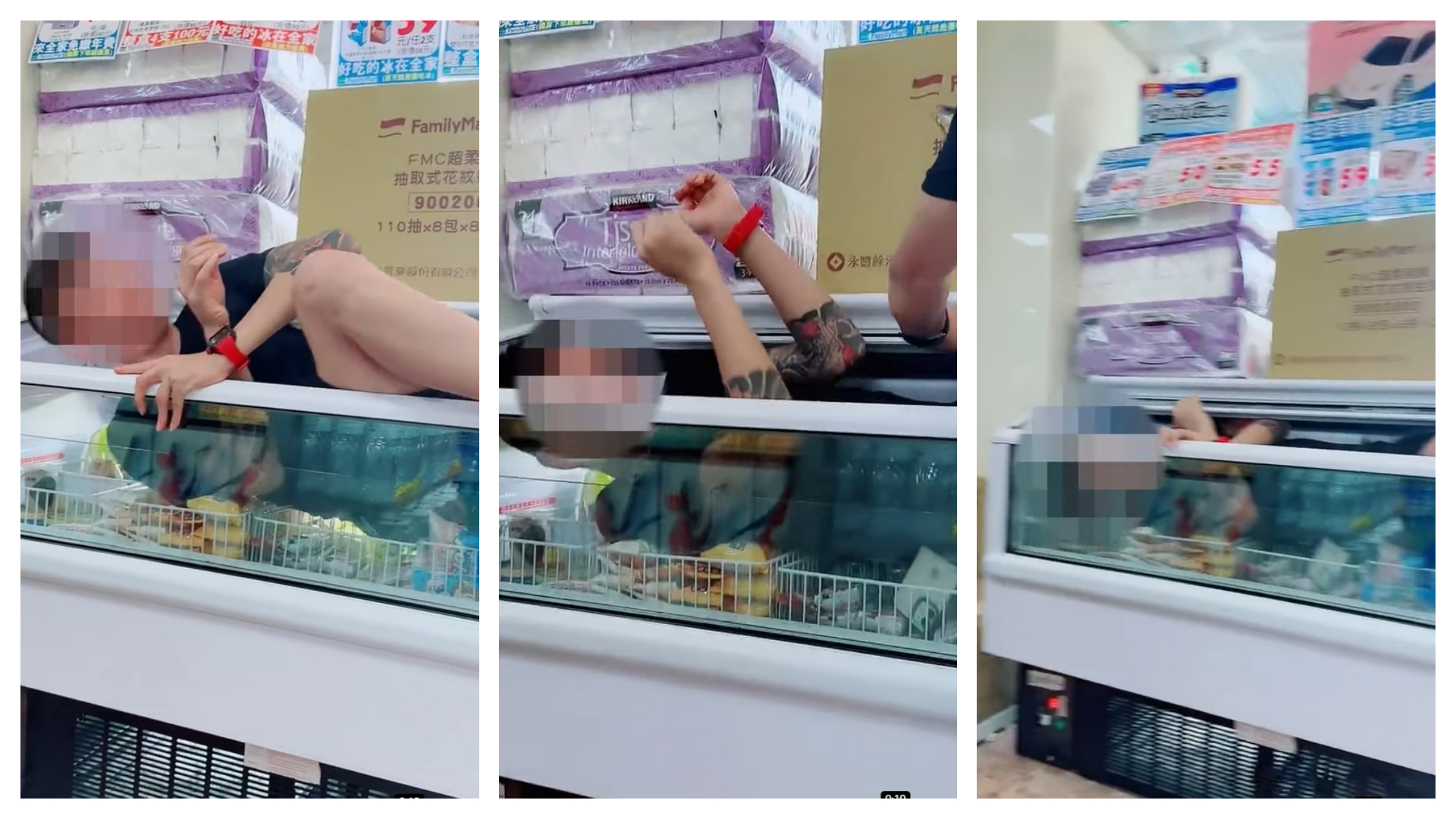 刺青黑衣男躺進冰品櫃裡後，與友人都一度想把冰品櫃的門關上。（翻攝自記者爆料網 2.0 YouTube）