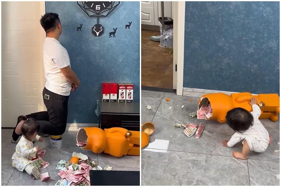 中國一名父親藏在公仔理的私房錢因為女兒闖禍被發現,只能乖乖罰跪給老婆賠罪。(翻攝自微博)
