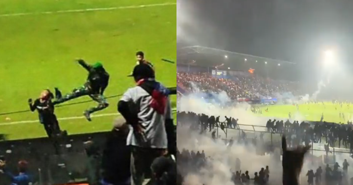 印尼警方發射催淚瓦斯鎮暴，還有民眾被飛踢（左）。（翻攝自推特）